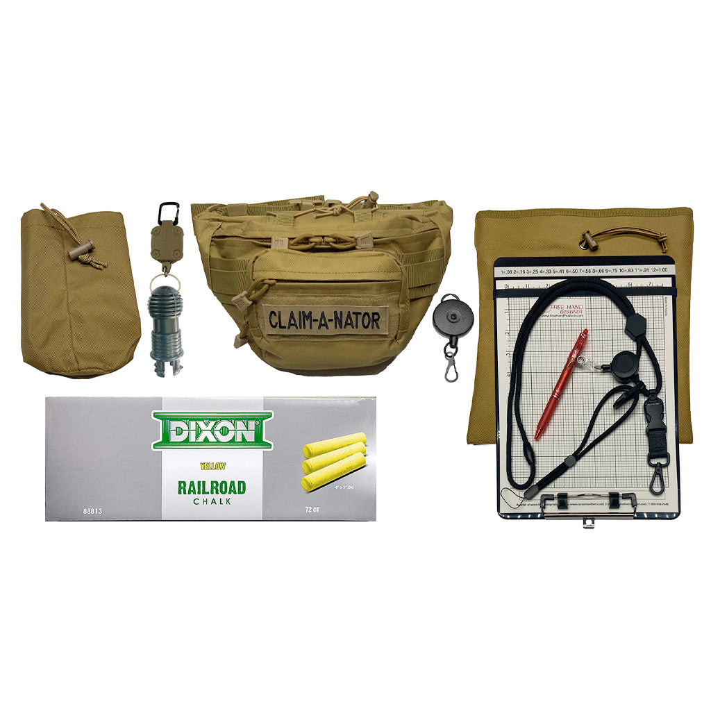 2 story steep adjuster tool belt level 3 in tan with black chalk holder and scope board.  Also shown with a case of yellow chalk and black lanyard.