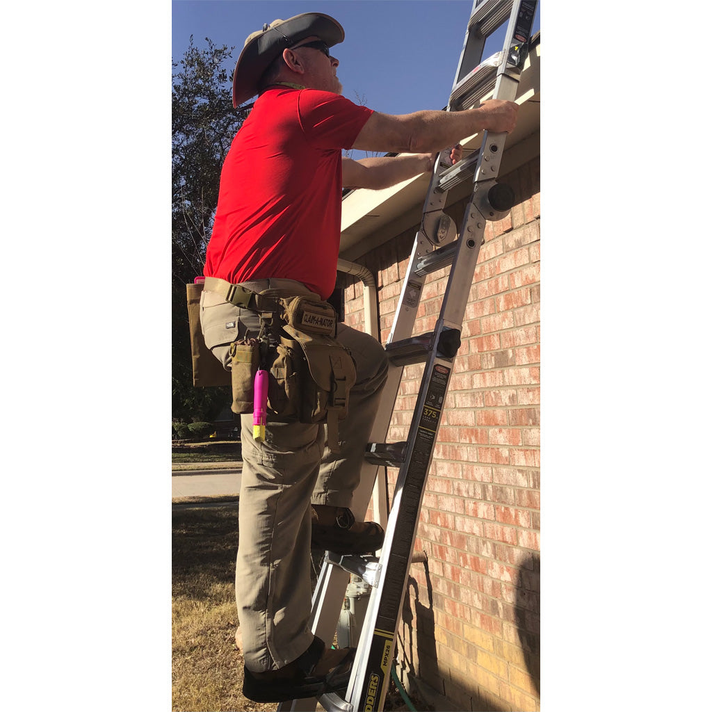 Man climbing ladder wearing Storm Adjuster Tool Belt by CLAIM-A-NATOR