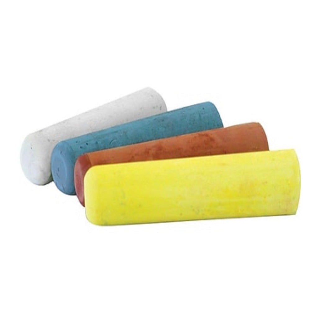 One stick of each color of Dixon Railroad Chalk. Yellow, Red, Blue, and White.