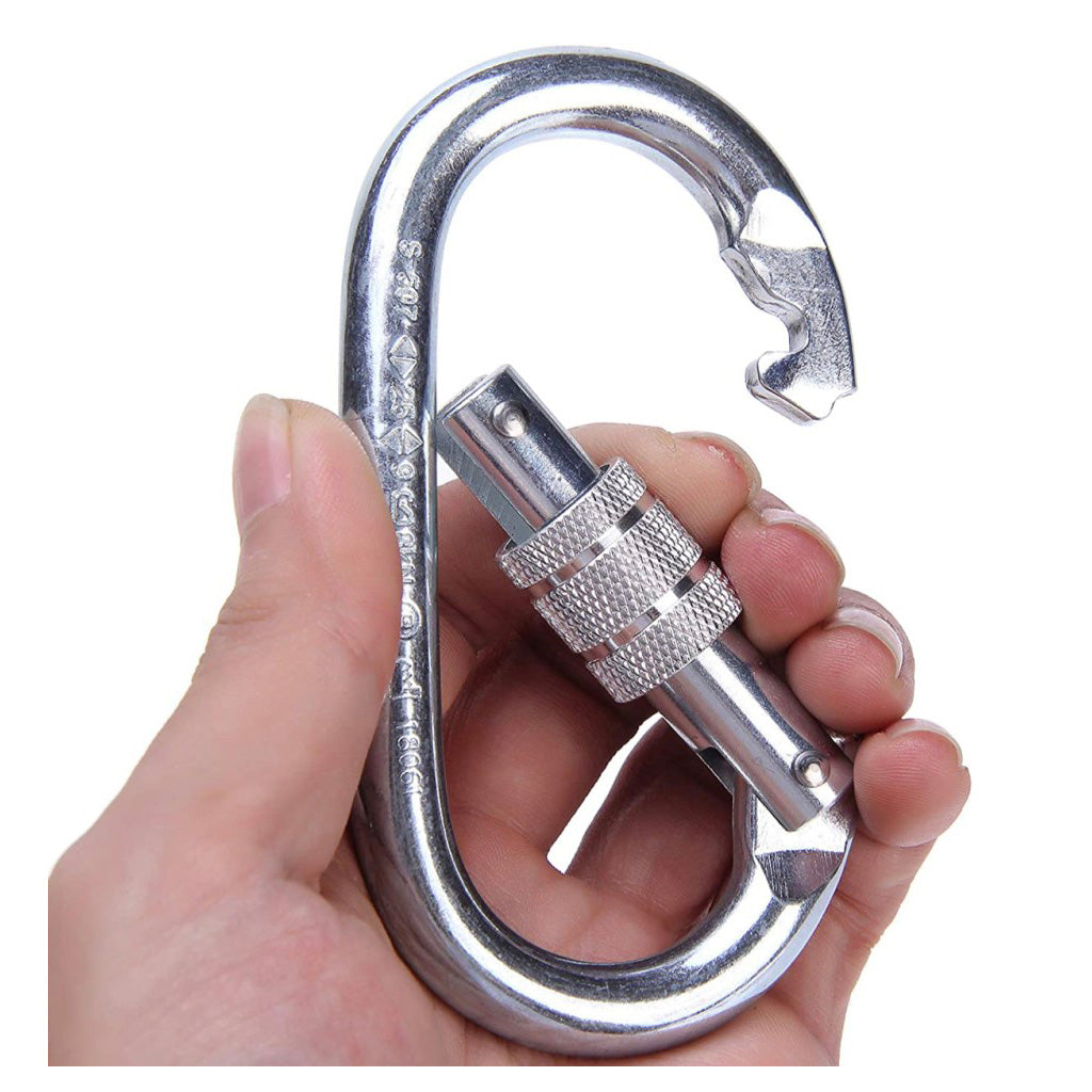 Silver Screw Gate Carabiner shown being opened